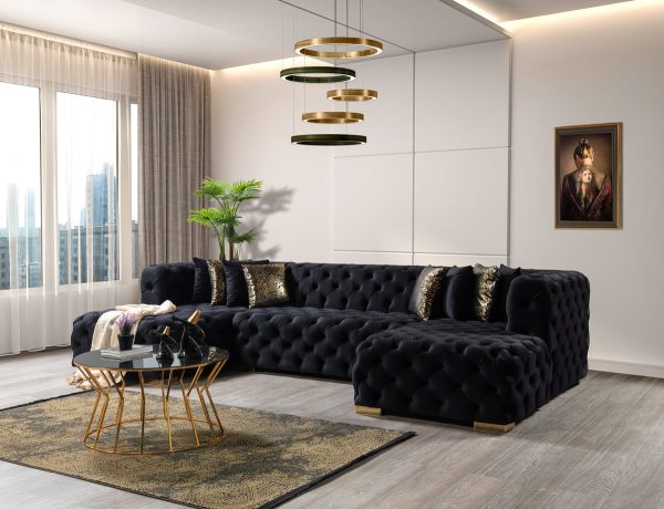 Neva Black Velvet Double Chaise 138" Sectional